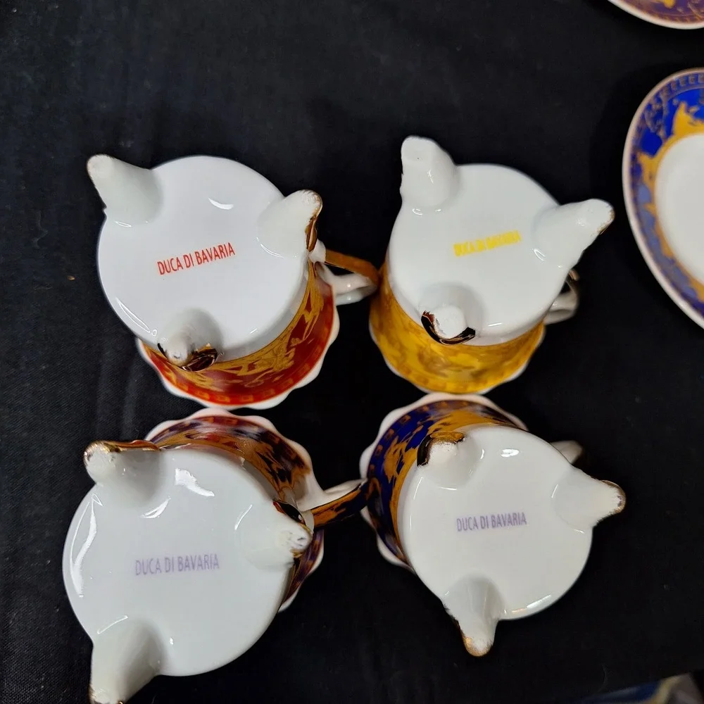 1940s Duca Di Bavaria Espresso Cup Saucer Set 4 Colors Greek Mythology Gold Trim